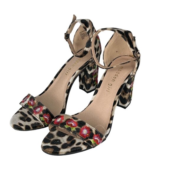 Madden Girl Behave 6.5 Floral Embroidered Velvet Animal Print Block Heel Sandals - Picture 4 of 14